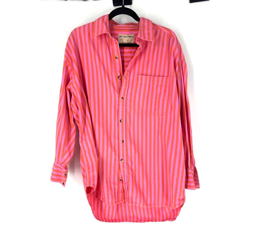 We The Free Free People Pink & Orange Striped Oversized Button Up Shirt
